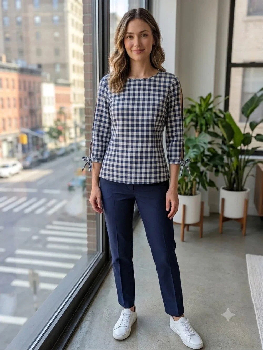 J. Crew Navy Gingham Tie Sleeve Blouse Medium 100% Cotton Top